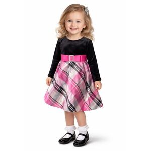 Dollie & Me Toddler Girl Dress 2T Pink Plaid Black Velvet Pageant Long Sleeve